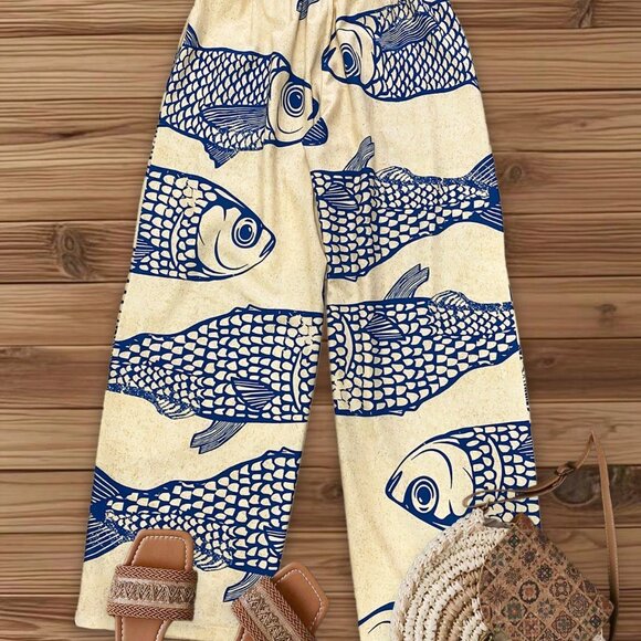 Apricot Casual Women's Vacation Wide Leg Pants with Fish Print Waistband - Picture 2 of 6